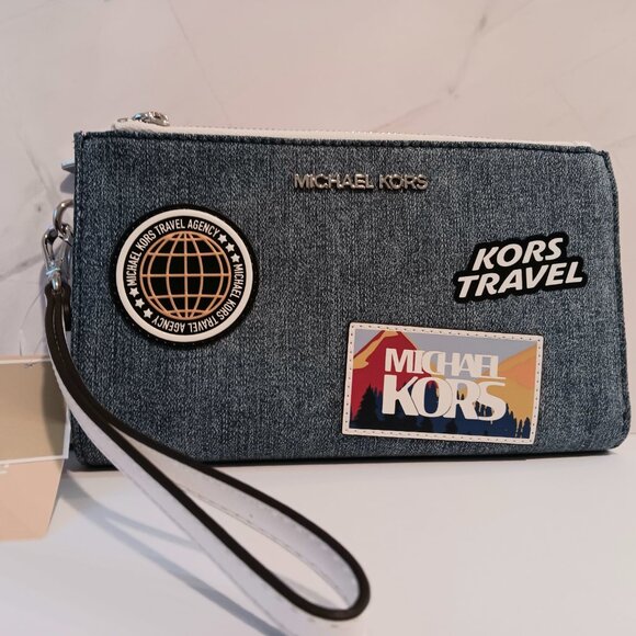 MICHAEL KORS NWT Large Jet Set Embellished Travel Denim Wristlet Phone Wallet - Picture 1 of 5